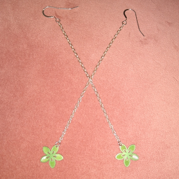 Solid 925 Sterling Silver Ear Wires Handmade Long Chain Green Flower Earrings - Picture 6 of 7
